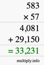 How to calculate 583 times 57 using long multiplication