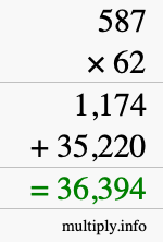 How to calculate 587 times 62 using long multiplication