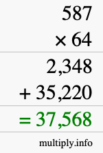How to calculate 587 times 64 using long multiplication