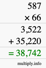 How to calculate 587 times 66 using long multiplication