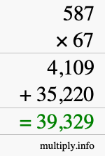 How to calculate 587 times 67 using long multiplication