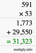 How to calculate 591 times 53 using long multiplication
