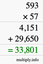 How to calculate 593 times 57 using long multiplication
