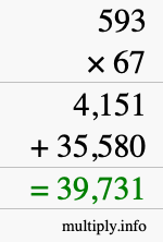 How to calculate 593 times 67 using long multiplication