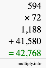 How to calculate 594 times 72 using long multiplication