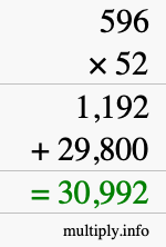 How to calculate 596 times 52 using long multiplication