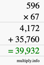 How to calculate 596 times 67 using long multiplication