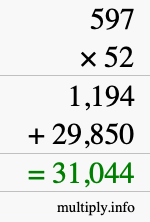 How to calculate 597 times 52 using long multiplication