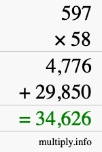 How to calculate 597 times 58 using long multiplication