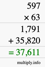How to calculate 597 times 63 using long multiplication