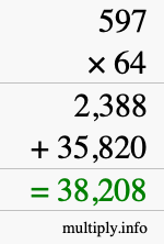 How to calculate 597 times 64 using long multiplication