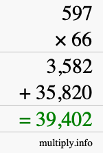 How to calculate 597 times 66 using long multiplication