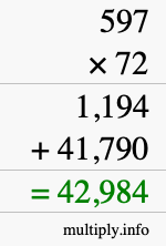 How to calculate 597 times 72 using long multiplication