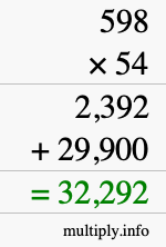 How to calculate 598 times 54 using long multiplication