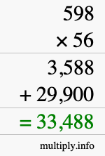 How to calculate 598 times 56 using long multiplication