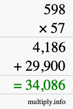 How to calculate 598 times 57 using long multiplication