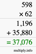 How to calculate 598 times 62 using long multiplication