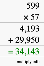 How to calculate 599 times 57 using long multiplication