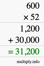 How to calculate 600 times 52 using long multiplication