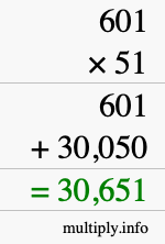 How to calculate 601 times 51 using long multiplication