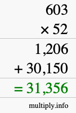 How to calculate 603 times 52 using long multiplication