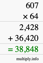 How to calculate 607 times 64 using long multiplication