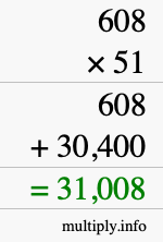 How to calculate 608 times 51 using long multiplication