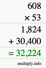 How to calculate 608 times 53 using long multiplication