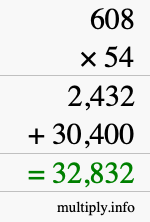 How to calculate 608 times 54 using long multiplication