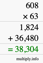 How to calculate 608 times 63 using long multiplication