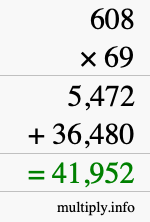 How to calculate 608 times 69 using long multiplication