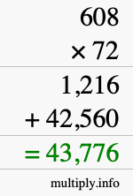 How to calculate 608 times 72 using long multiplication