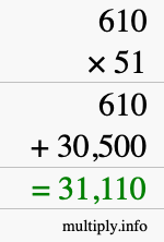 How to calculate 610 times 51 using long multiplication