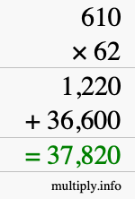 How to calculate 610 times 62 using long multiplication