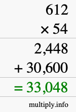 How to calculate 612 times 54 using long multiplication