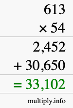 How to calculate 613 times 54 using long multiplication
