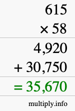 How to calculate 615 times 58 using long multiplication