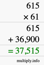 How to calculate 615 times 61 using long multiplication