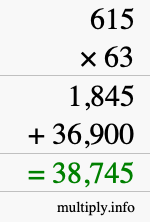 How to calculate 615 times 63 using long multiplication