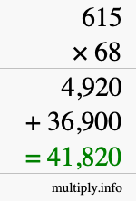 How to calculate 615 times 68 using long multiplication