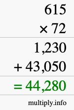 How to calculate 615 times 72 using long multiplication