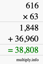How to calculate 616 times 63 using long multiplication