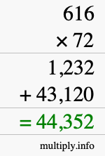 How to calculate 616 times 72 using long multiplication