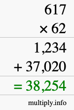 How to calculate 617 times 62 using long multiplication