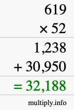 How to calculate 619 times 52 using long multiplication