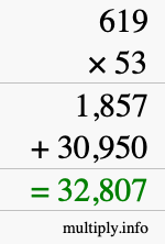 How to calculate 619 times 53 using long multiplication