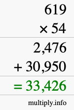 How to calculate 619 times 54 using long multiplication