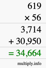 How to calculate 619 times 56 using long multiplication