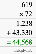 How to calculate 619 times 72 using long multiplication