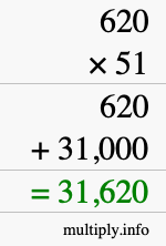 How to calculate 620 times 51 using long multiplication